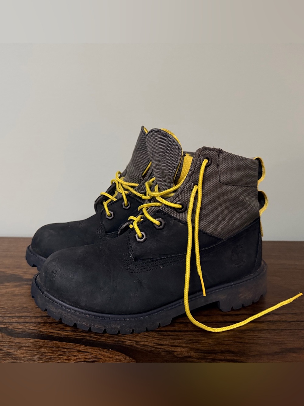 Timberland Kids Black Nubuck Boots with Yellow Laces